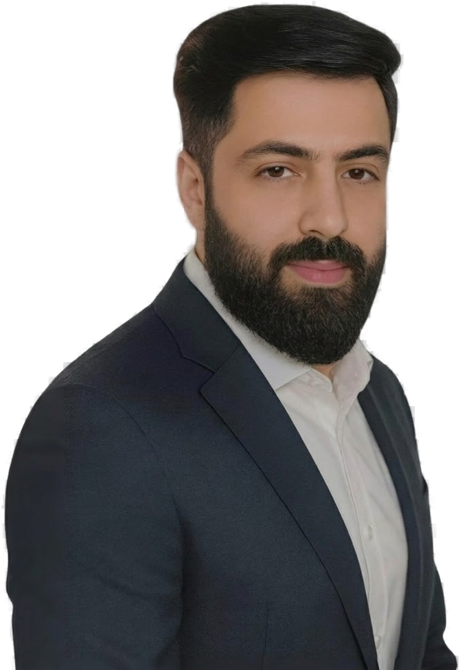 Hamid Khan, AE and GTM Engineer, three-quarter portrait in navy suit